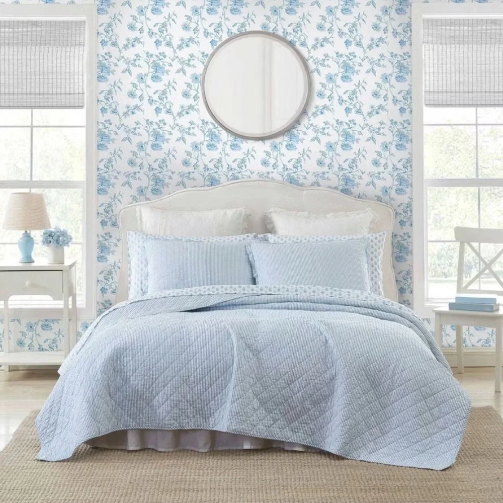 Laura Ashley Light Blue Oxford Striped Quilted Full/Queen Bedding Set ~ NWT